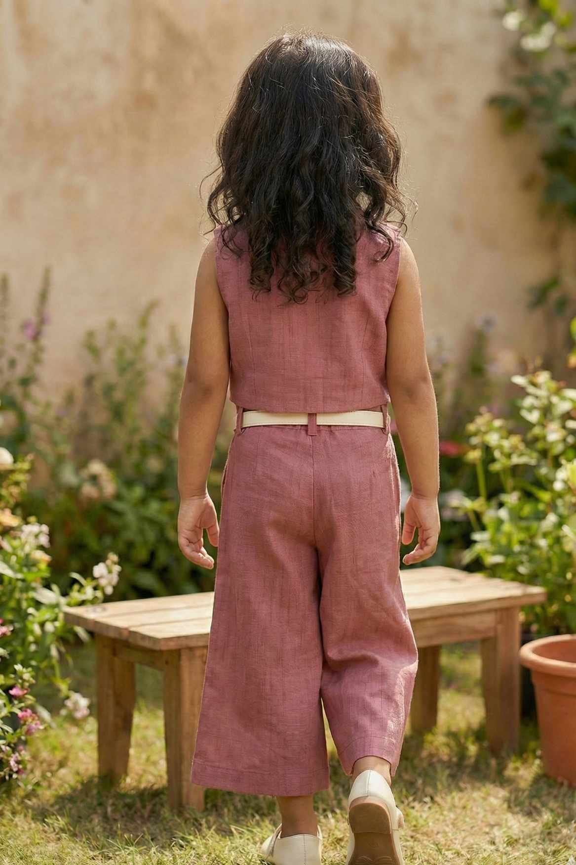 Pink Co-ord Set with Waistcoat And Belted Pants For Girls