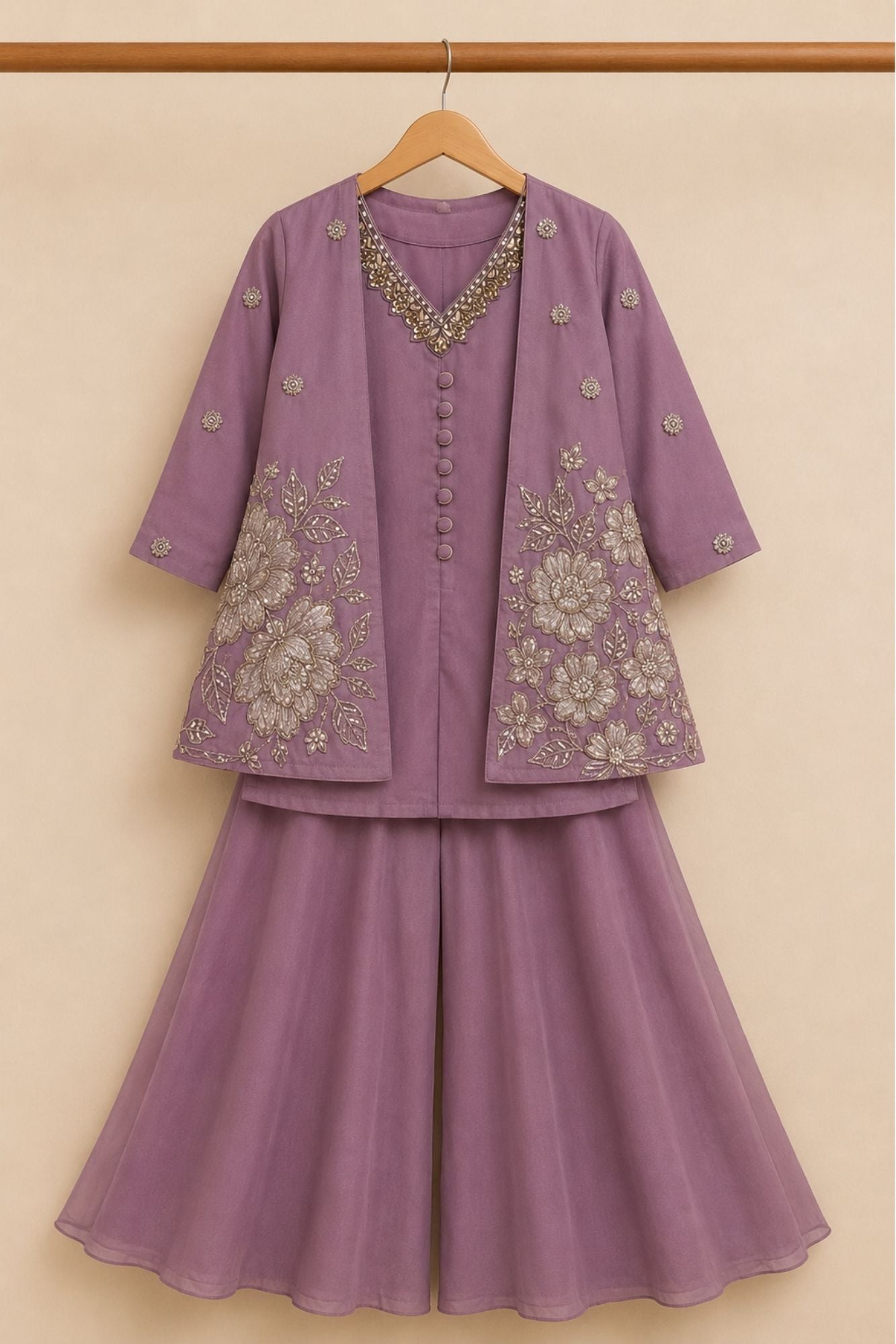 Dusty Lavender Floral Embroidered Palazzo Set with Jacket & Dupatta