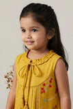 Girls Mustard Embroidered Dress with Tie-Up Neck