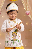 Boys Mustard Yellow And Ivory Krishna Printed Dhoti Set with Accessories