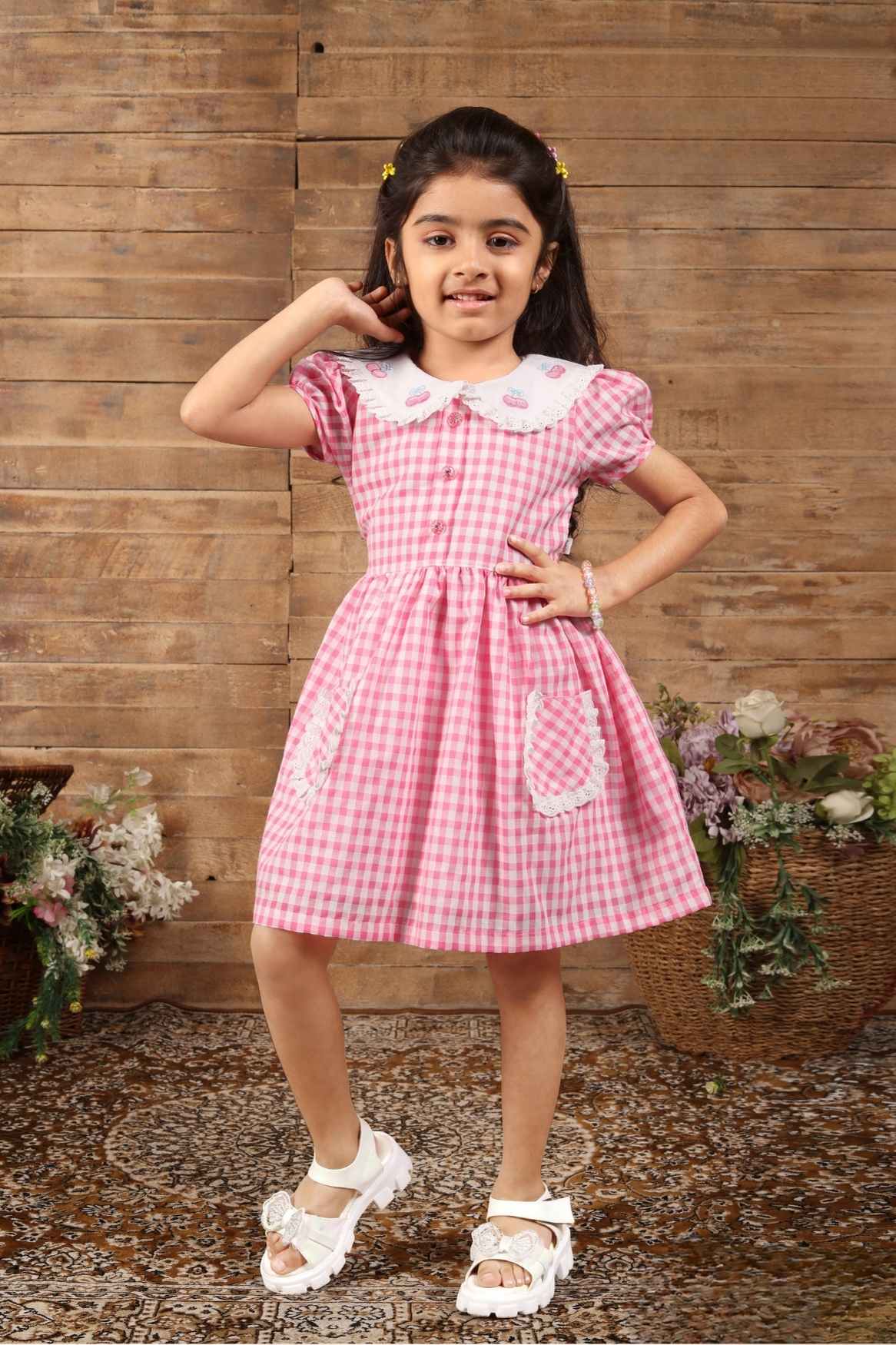 Pink Checked And Embroidery Frock For Girls