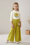 Girls White Floral Embroidered Top with Mustard Pleated Palazzo Pant Set