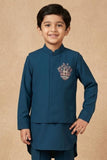 Blue Embroidered Kurta Set With Mandarin Collar For Boys