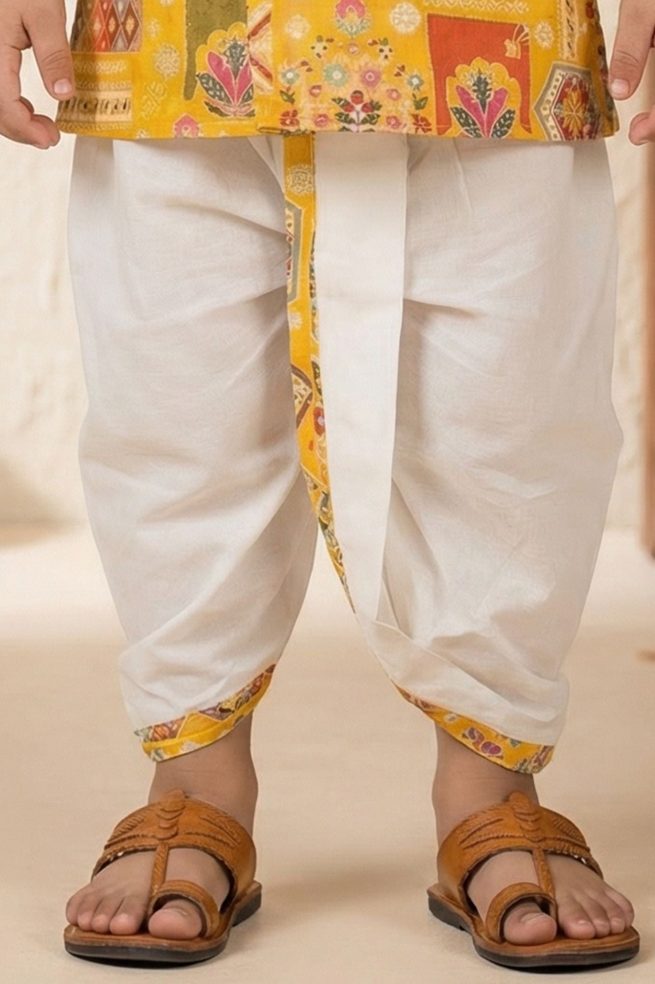 Boys Yellow Printed Cotton Dhoti Set With Mandarin Collar Kurta