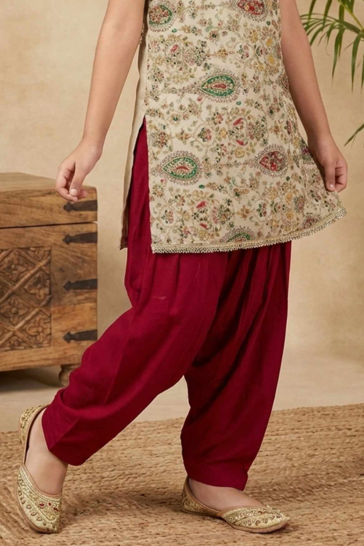Cream Embroidered Kurti with Orange Patiala Set for Girls