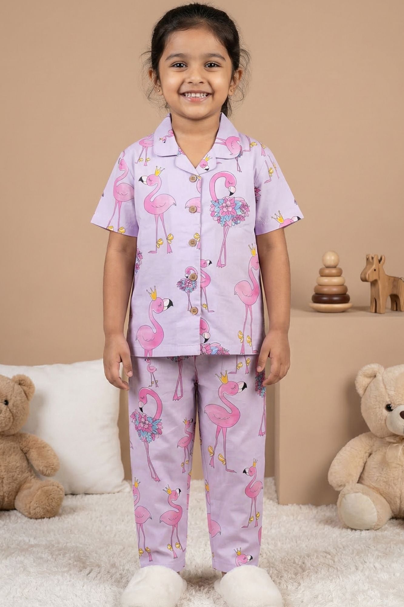 Lilac Flamingo Print Cotton Night Suit Set For Girls