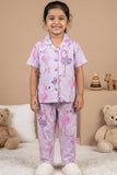 Lilac Flamingo Print Cotton Night Suit Set For Girls