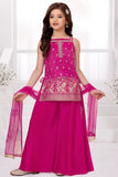 Rani Pink Bandhani Brocade Mirror Work Palazzo Set with Dupatta For Girls