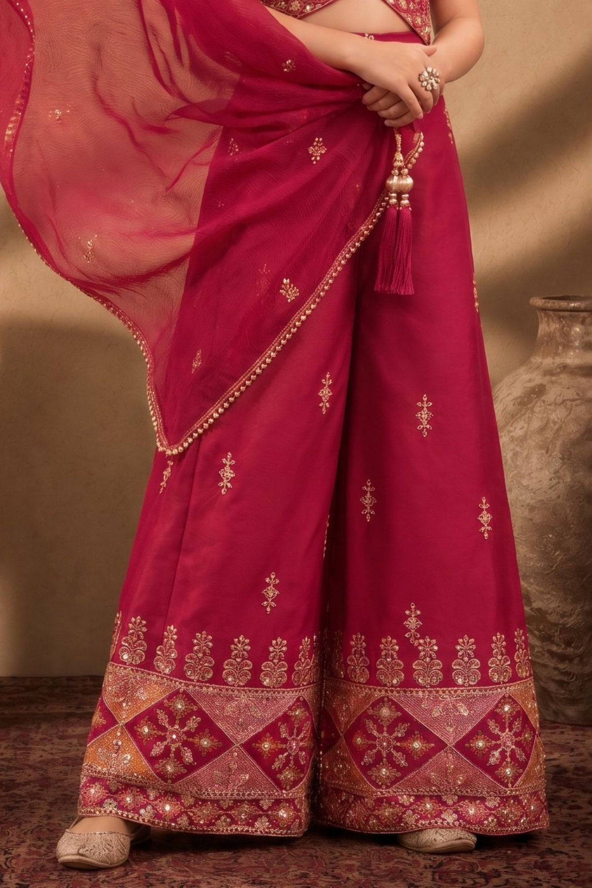 Girls Rani Pink Embroidered Palazzo Set With Dupatta