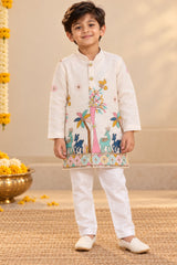 Boys Cream Embroidered Kurta Pant Set