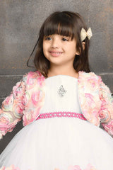 White Frock With Pink Floral Embellished For Girls