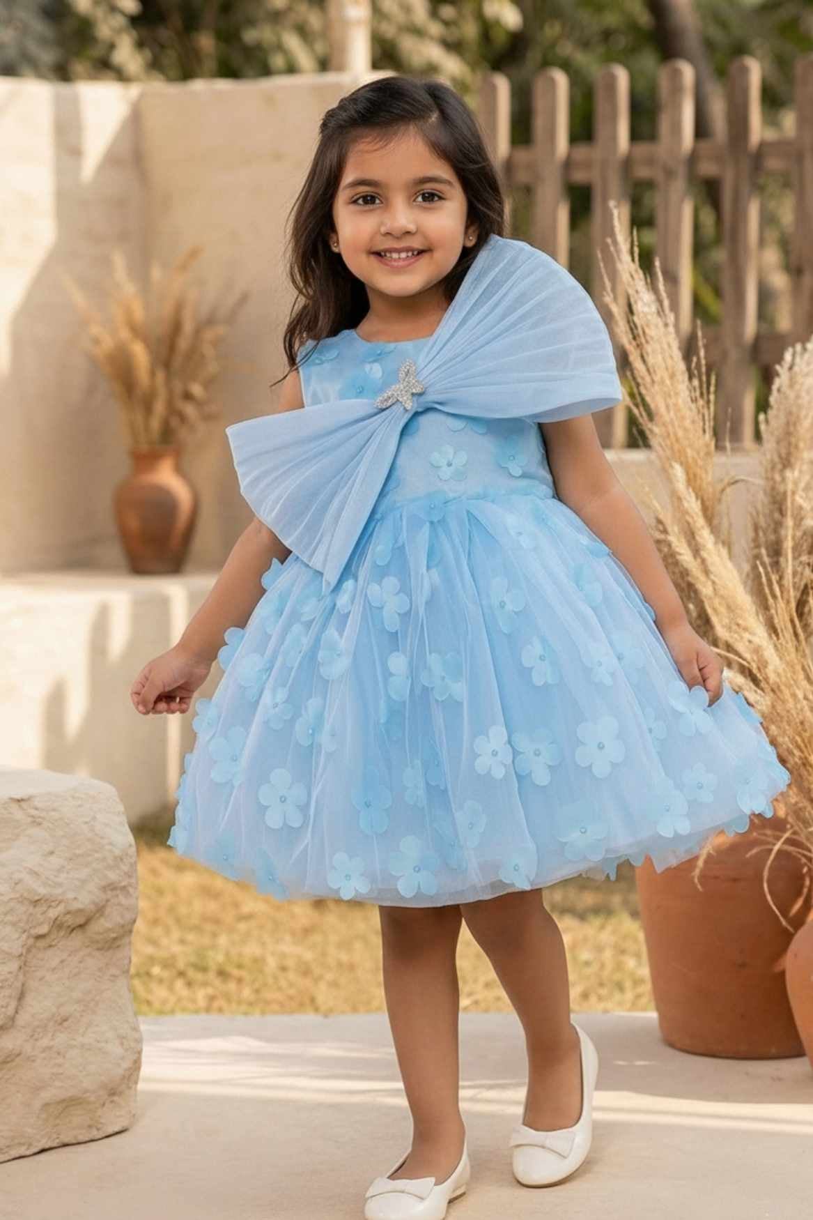 Blue 3D Floral Embellishments Party Wear Frock For Girls