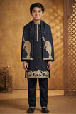 Boys Black Kurta Pajama Set With Golden Zari Embroidery And Shawl