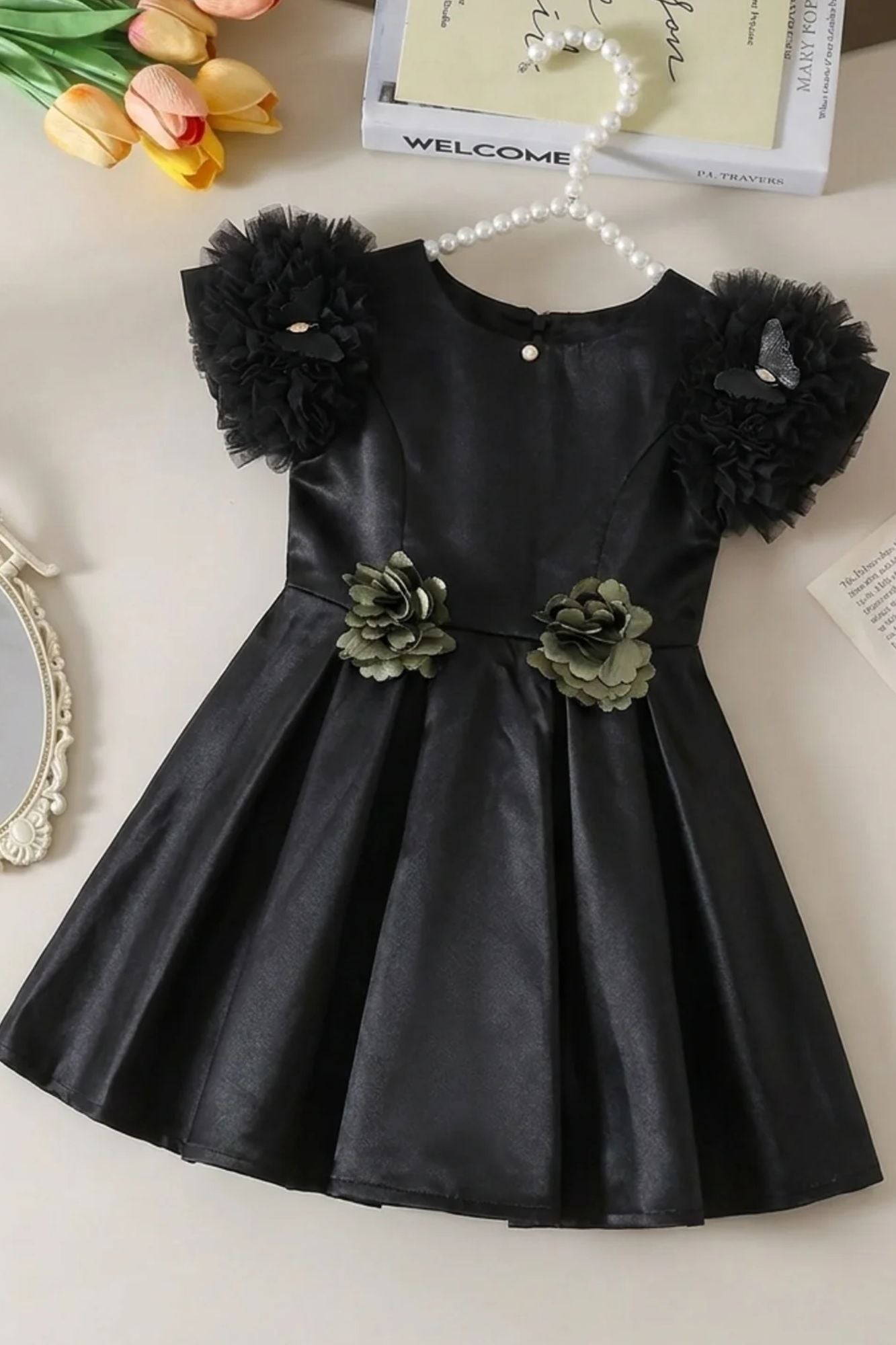 Girls Black Floral Embellished Party Wear Frock