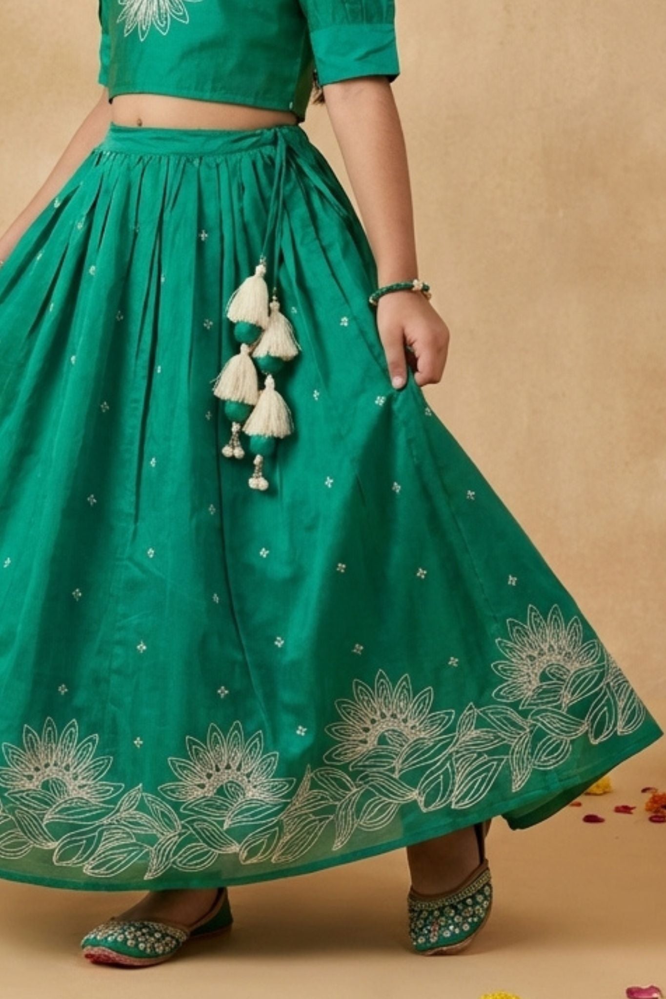 Green Embroidered Lehenga Choli Set For Girls