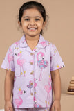 Lilac Flamingo Print Cotton Night Suit Set For Girls