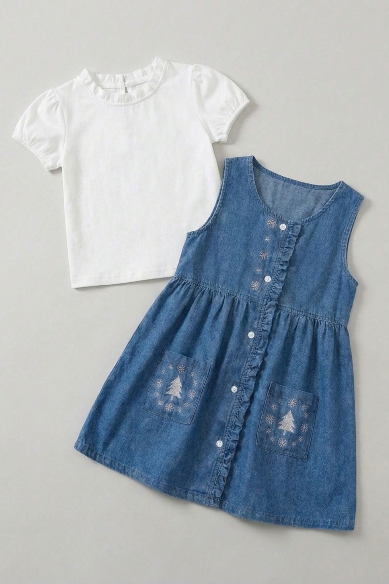 Girls Blue Denim Embroidered Fit And Flare Dress With White Top