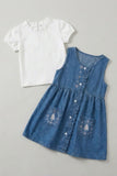Girls Blue Denim Embroidered Fit And Flare Dress With White Top
