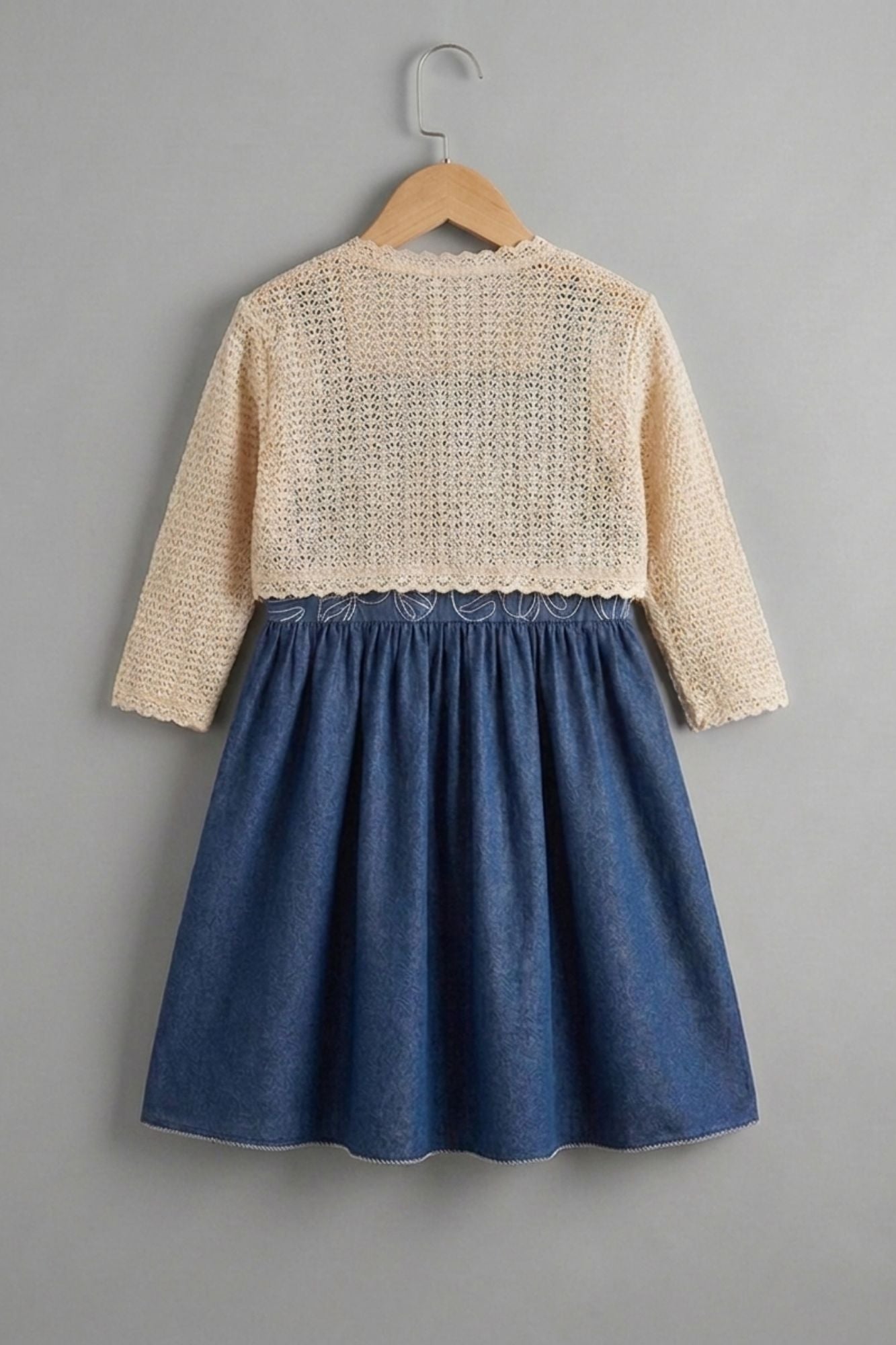 Denim Blue Embroidered Dress With Crochet Shrug For Girls 6-12M(16)