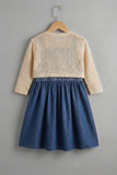 Denim Blue Embroidered Dress With Crochet Shrug For Girls
