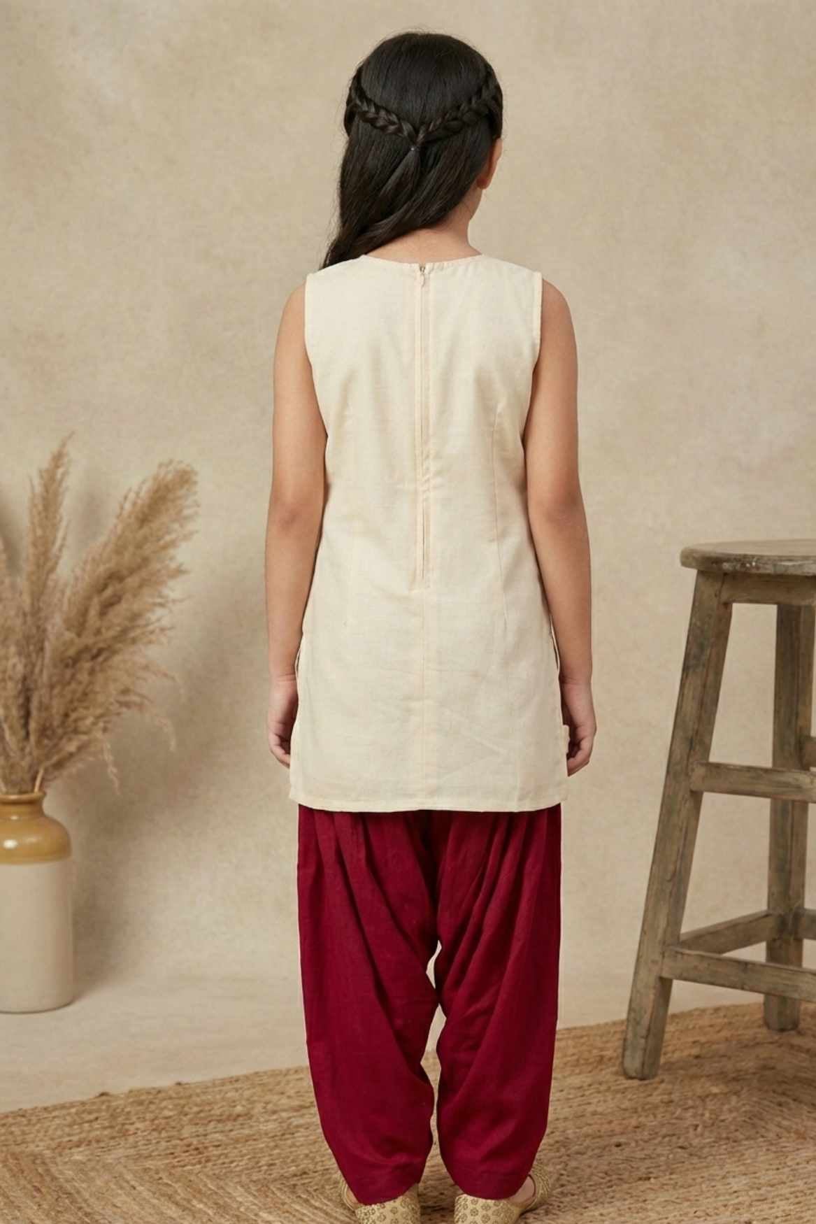 Cream Embroidered Kurti with Orange Patiala Set for Girls