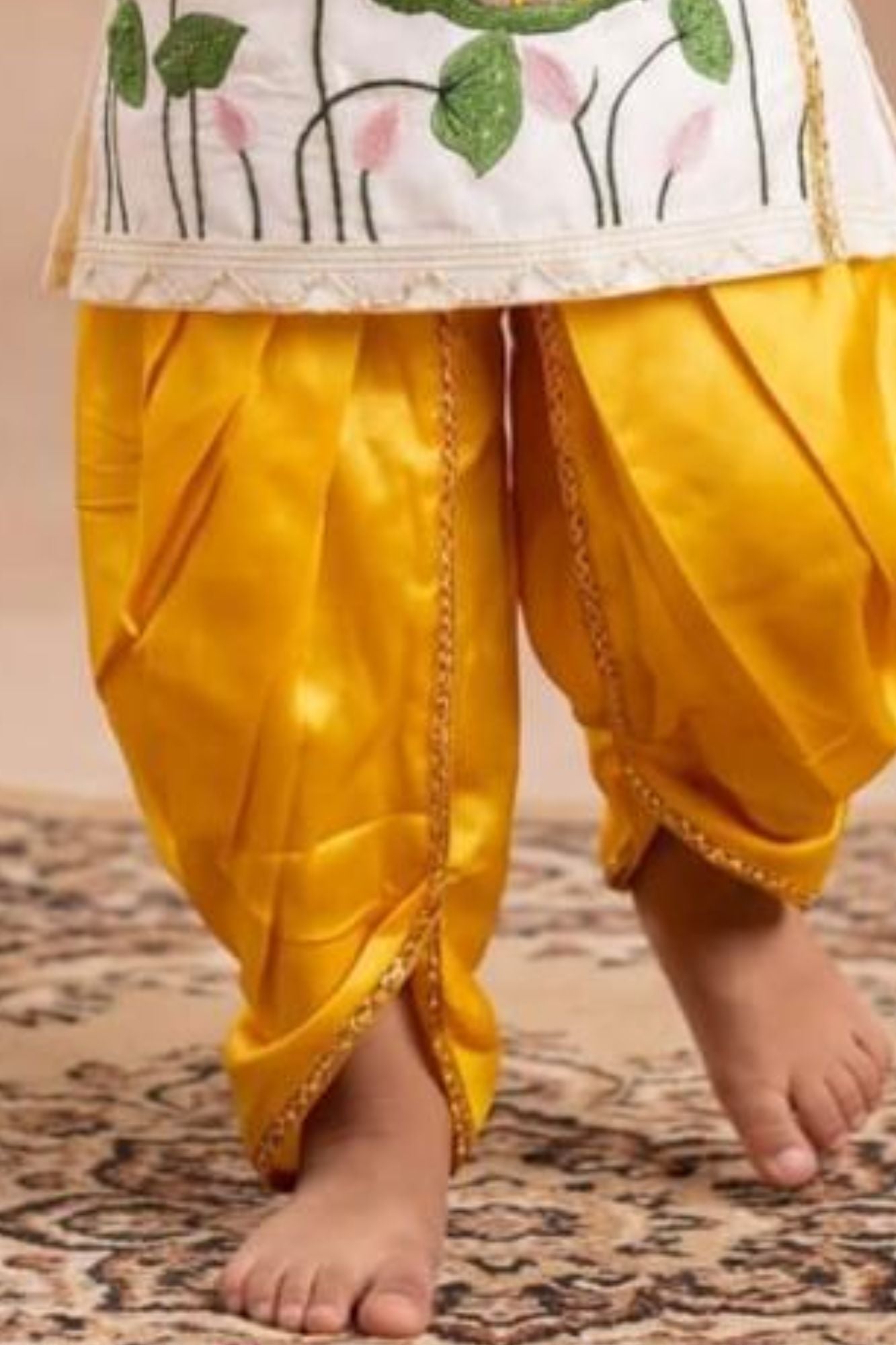 Boys Mustard Yellow And Ivory Krishna Printed Dhoti Set with Accessories