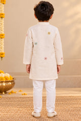 Boys Cream Embroidered Kurta Pant Set
