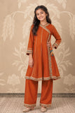 Orange Angrakha Kurti And Straight Pant Set For Girls