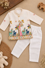 Boys Cream Embroidered Kurta Pant Set