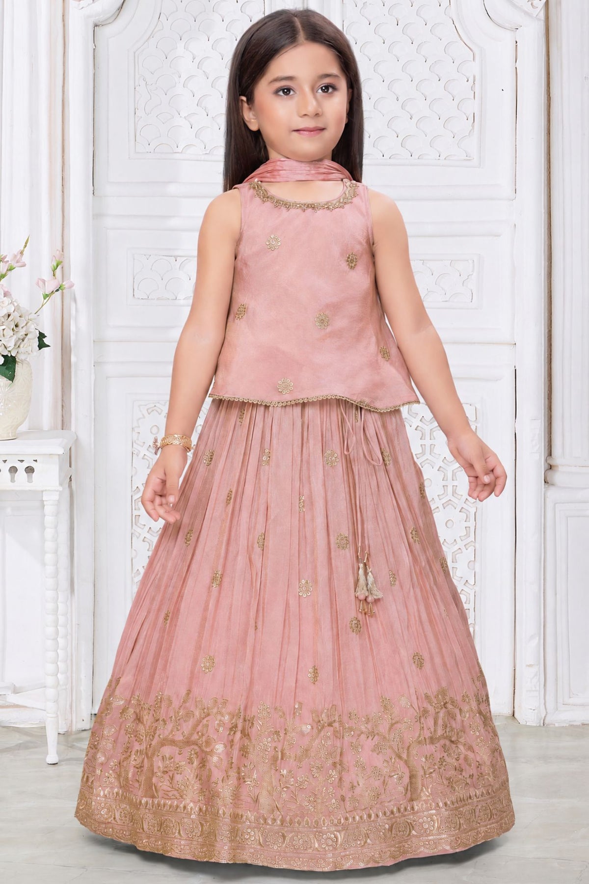 Girls Elegant Peach With Gold Embroidered Lehenga Choli Set
