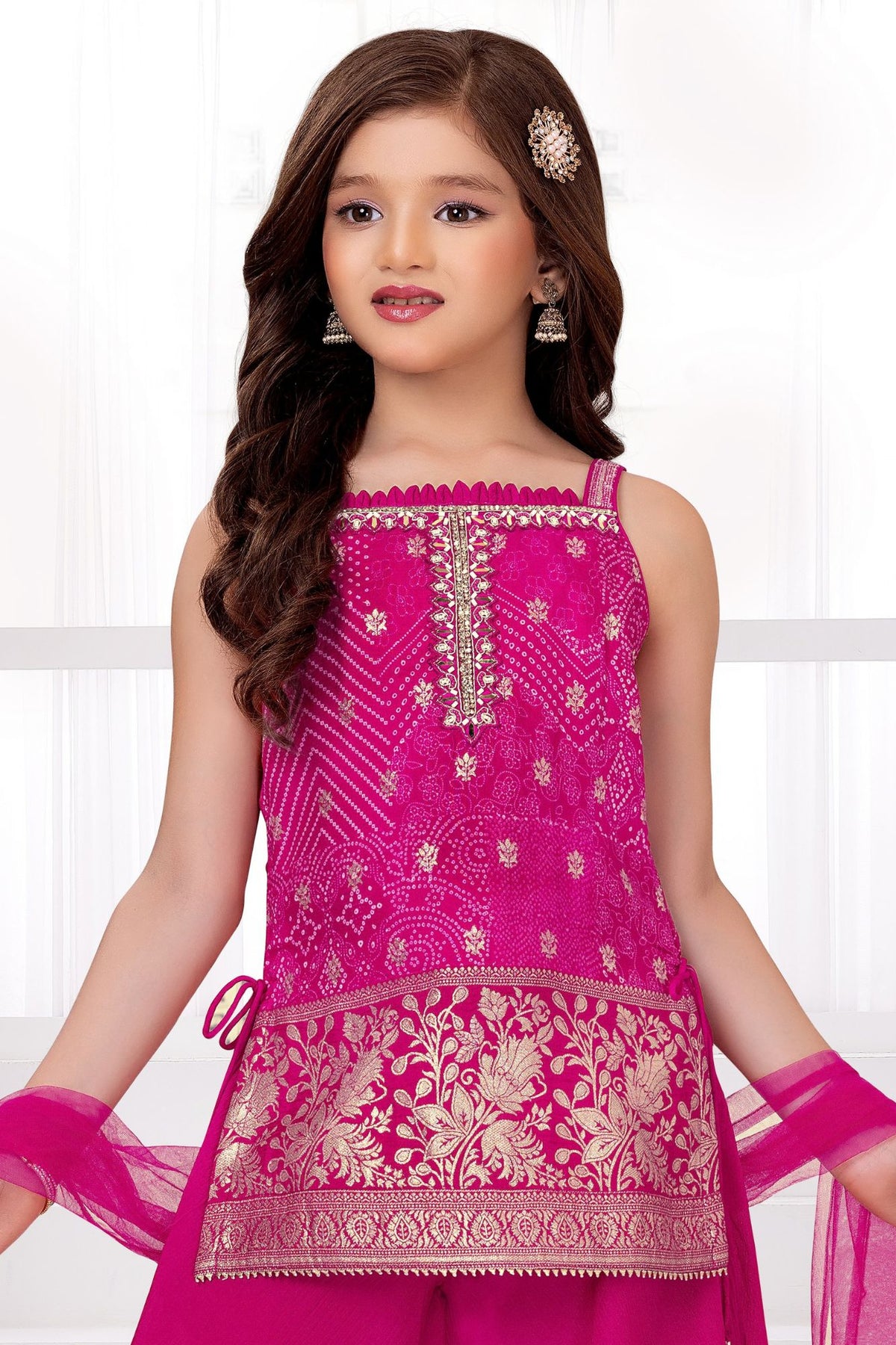 Rani Pink Bandhani Brocade Mirror Work Palazzo Set with Dupatta For Girls