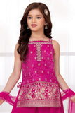 Rani Pink Bandhani Brocade Mirror Work Palazzo Set with Dupatta For Girls