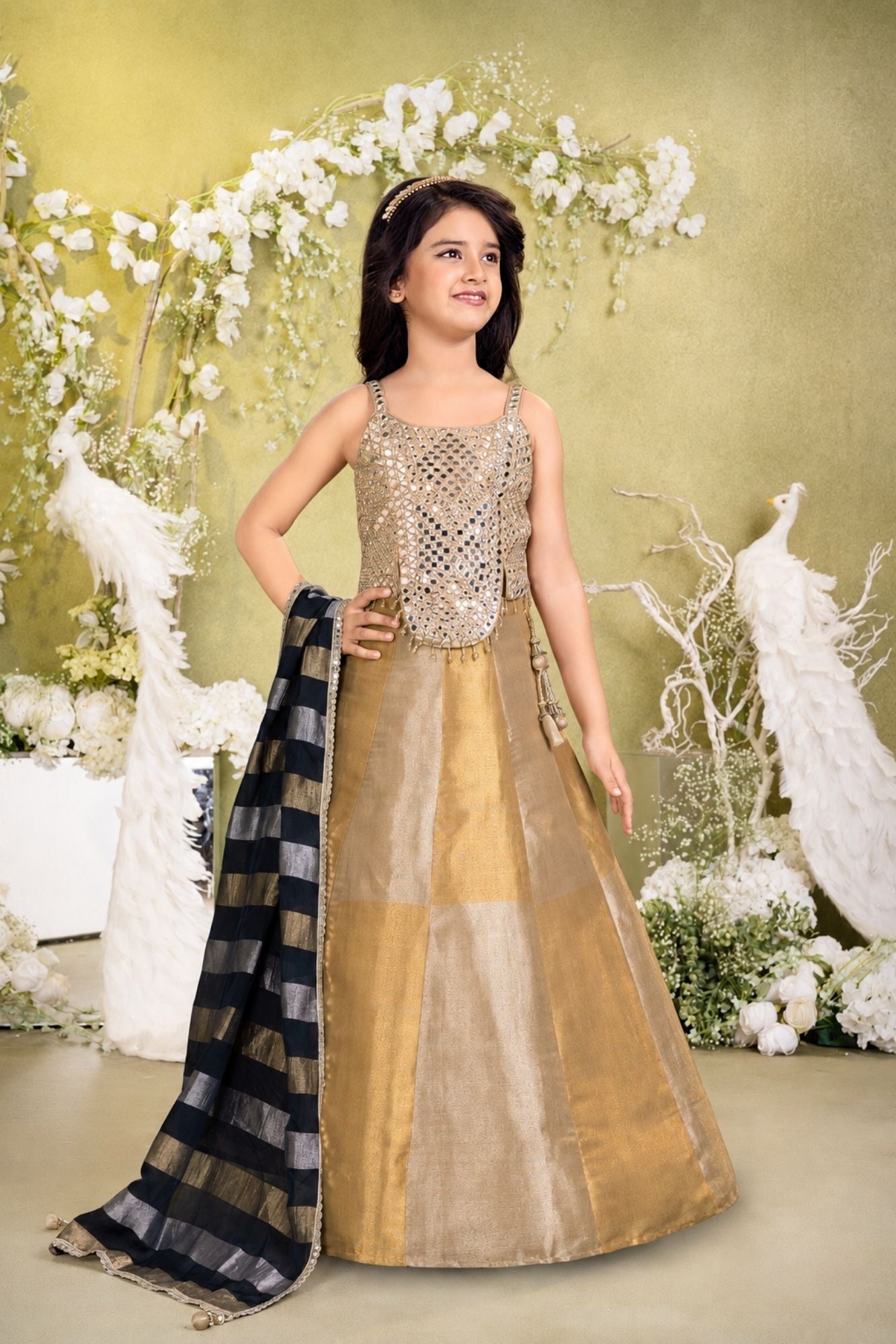 Gold & Silver Mirror Work Lehenga Choli Set with Dupatta