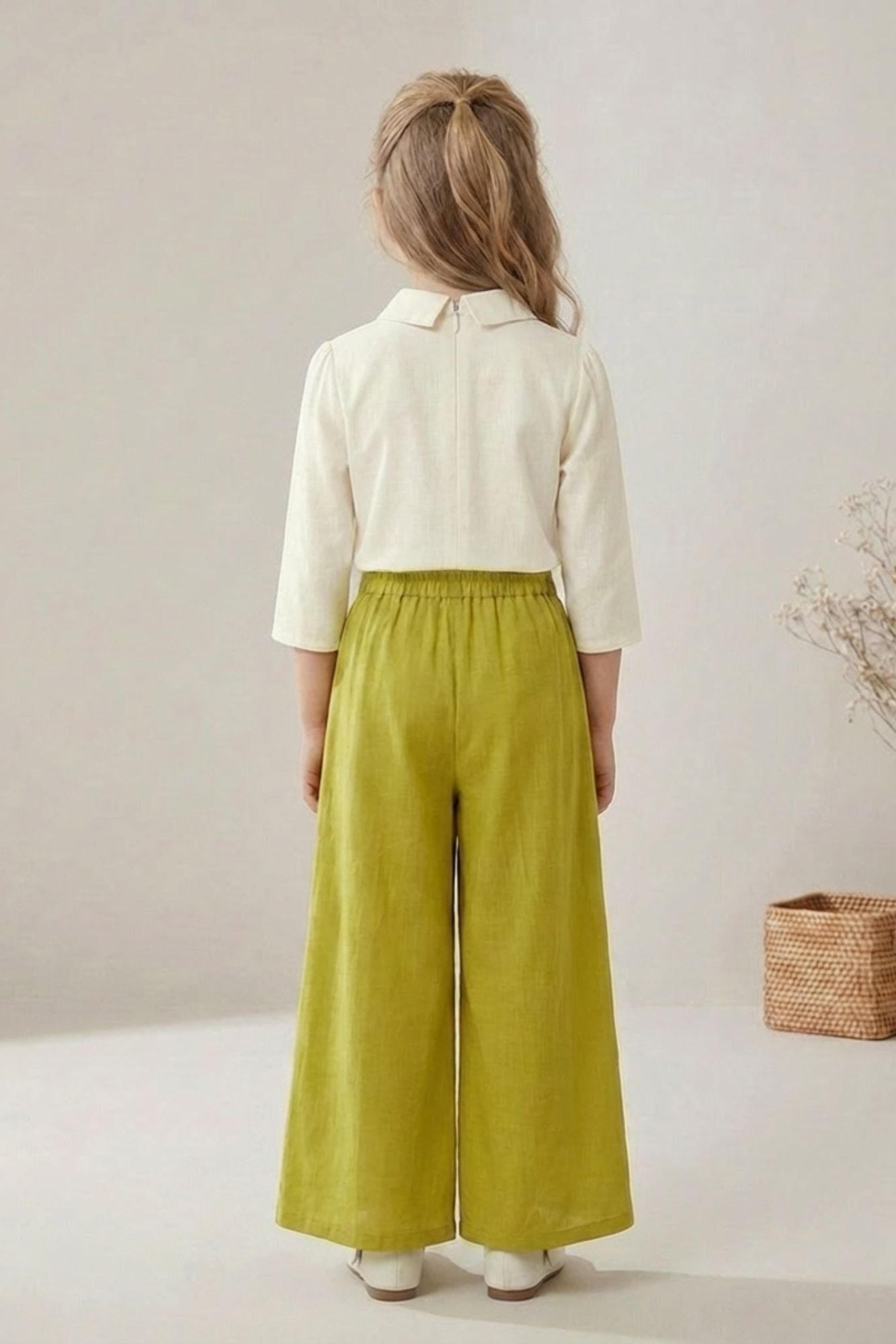 Girls White Floral Embroidered Top with Mustard Pleated Palazzo Pant Set