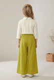 Girls White Floral Embroidered Top with Mustard Pleated Palazzo Pant Set