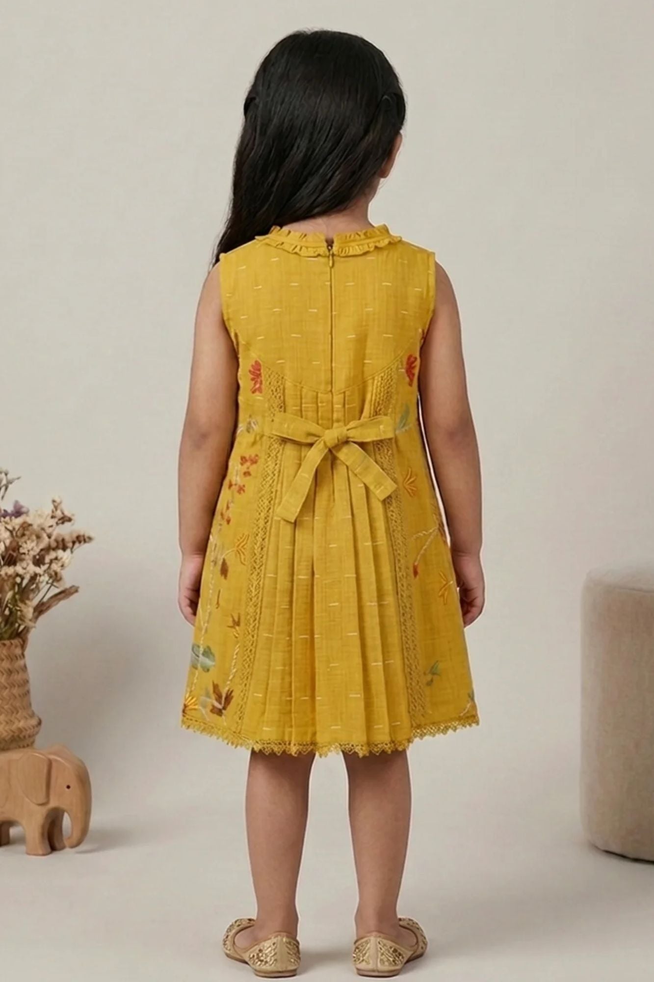 Girls Mustard Embroidered Dress with Tie-Up Neck