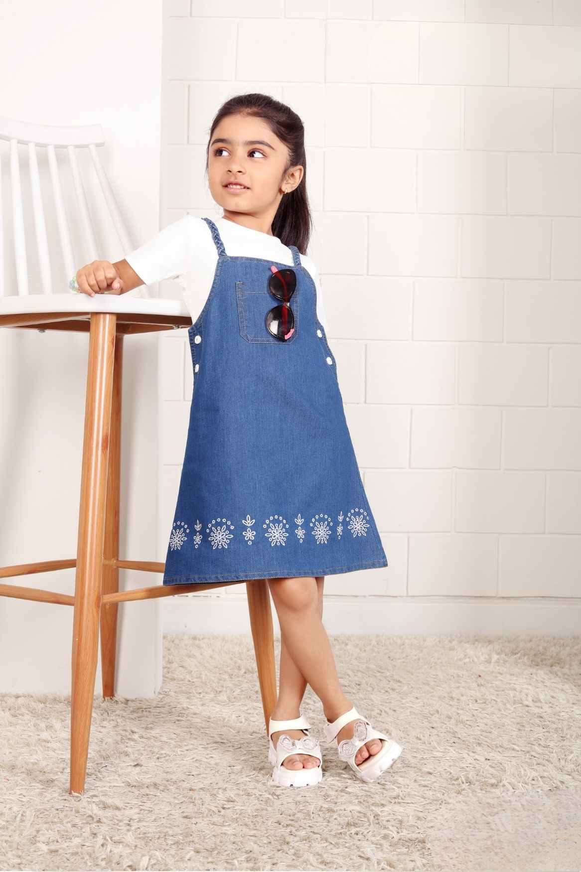 Blue Denim Stylish Dungaree With Floral Embroidery And White T-Shirt Set For Girls