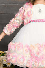 White Frock With Pink Floral Embellished For Girls