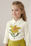 Girls White Floral Embroidered Top with Mustard Pleated Palazzo Pant Set