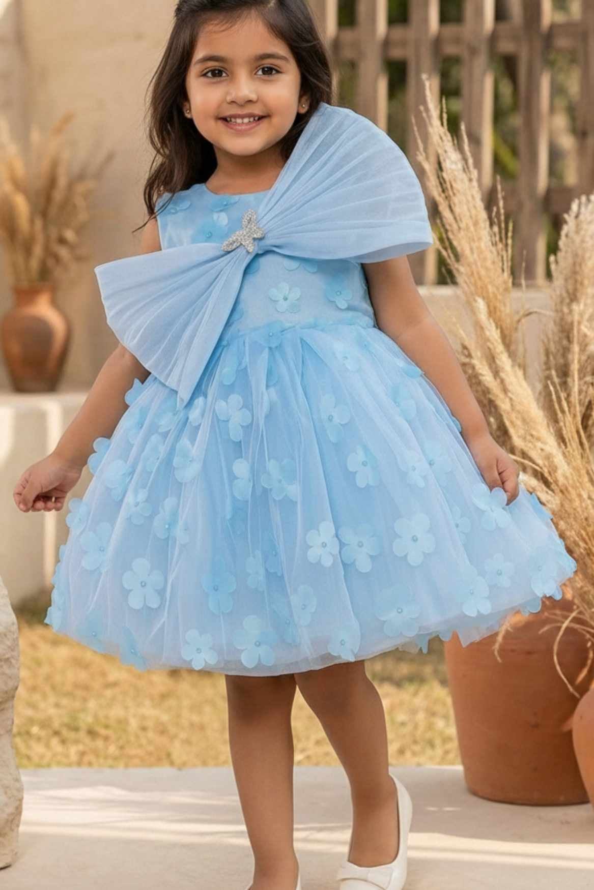 Blue 3D Floral Embellishments Party Wear Frock For Girls 4-5Y (24)
