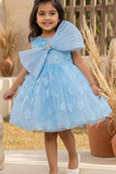 Blue 3D Floral Embellishments Party Wear Frock For Girls