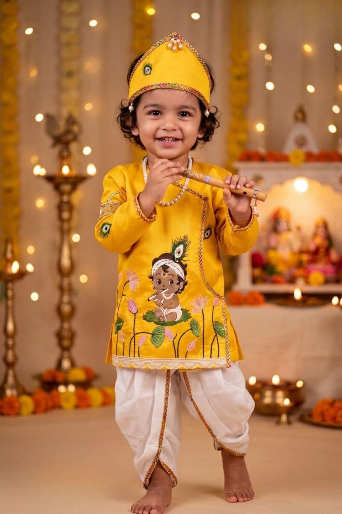 Boys Mustard Yellow Krishna Printed Dhoti Set with Accessories