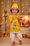 Boys Mustard Yellow Krishna Printed Dhoti Set with Accessories