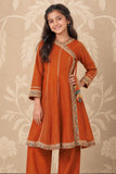 Orange Angrakha Kurti And Straight Pant Set For Girls