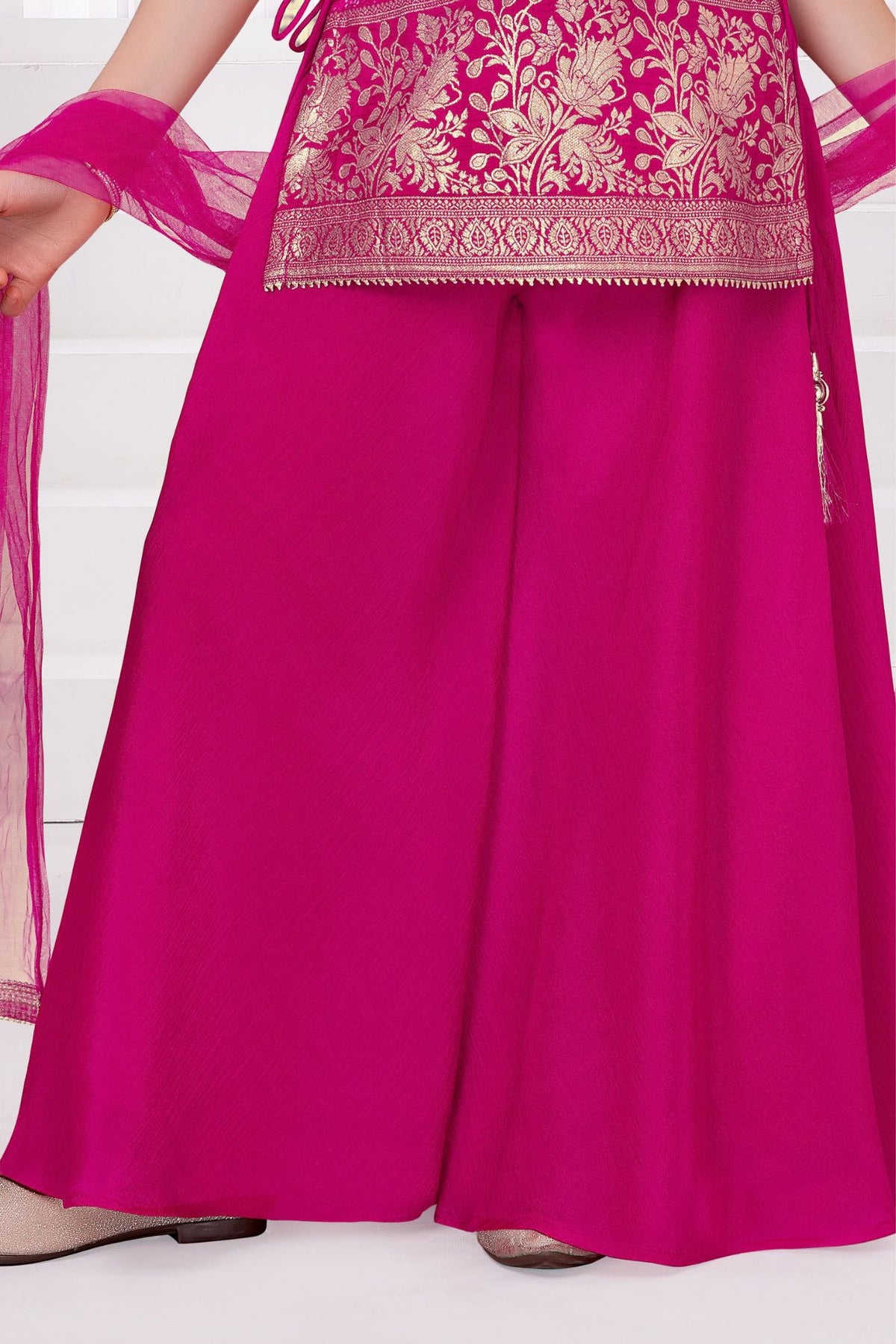 Rani Pink Bandhani Brocade Mirror Work Palazzo Set with Dupatta For Girls