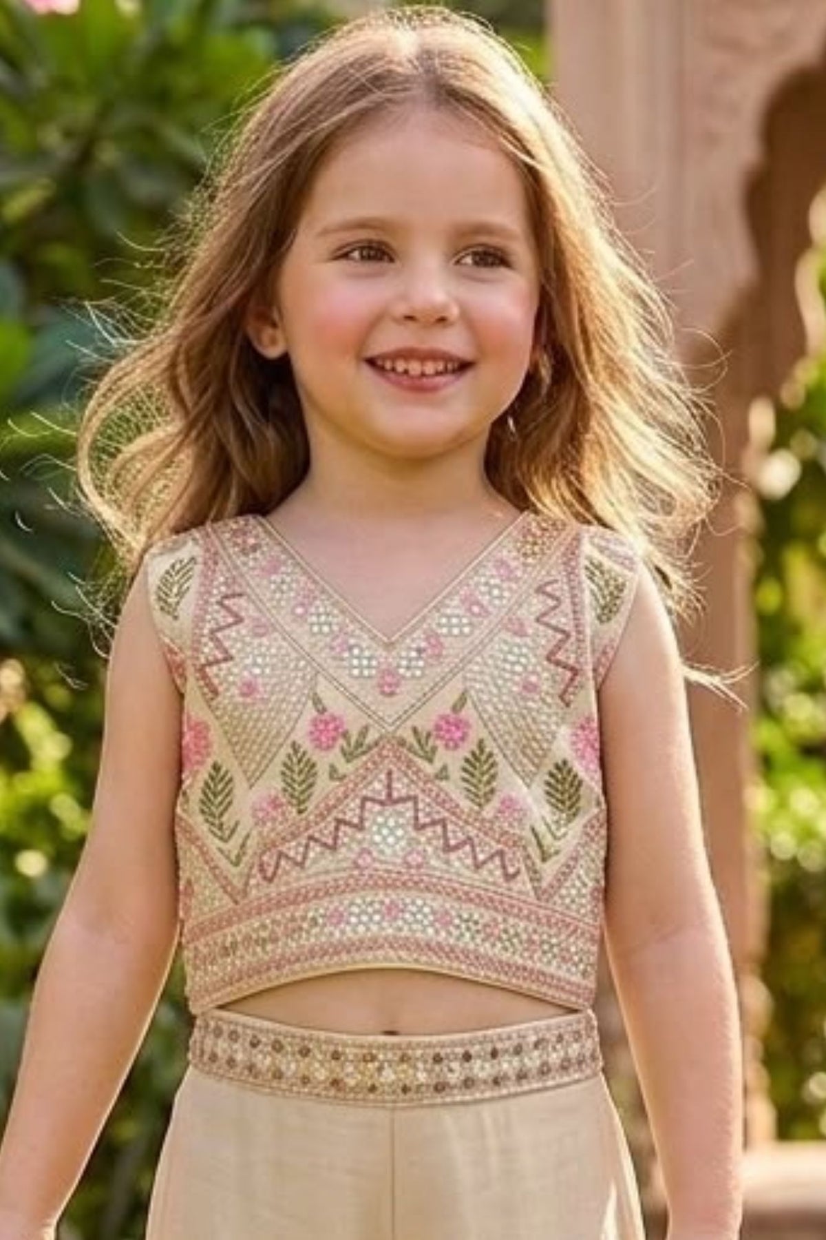 Girls Cream Floral Embroidered Palazzo Set With Dupatta