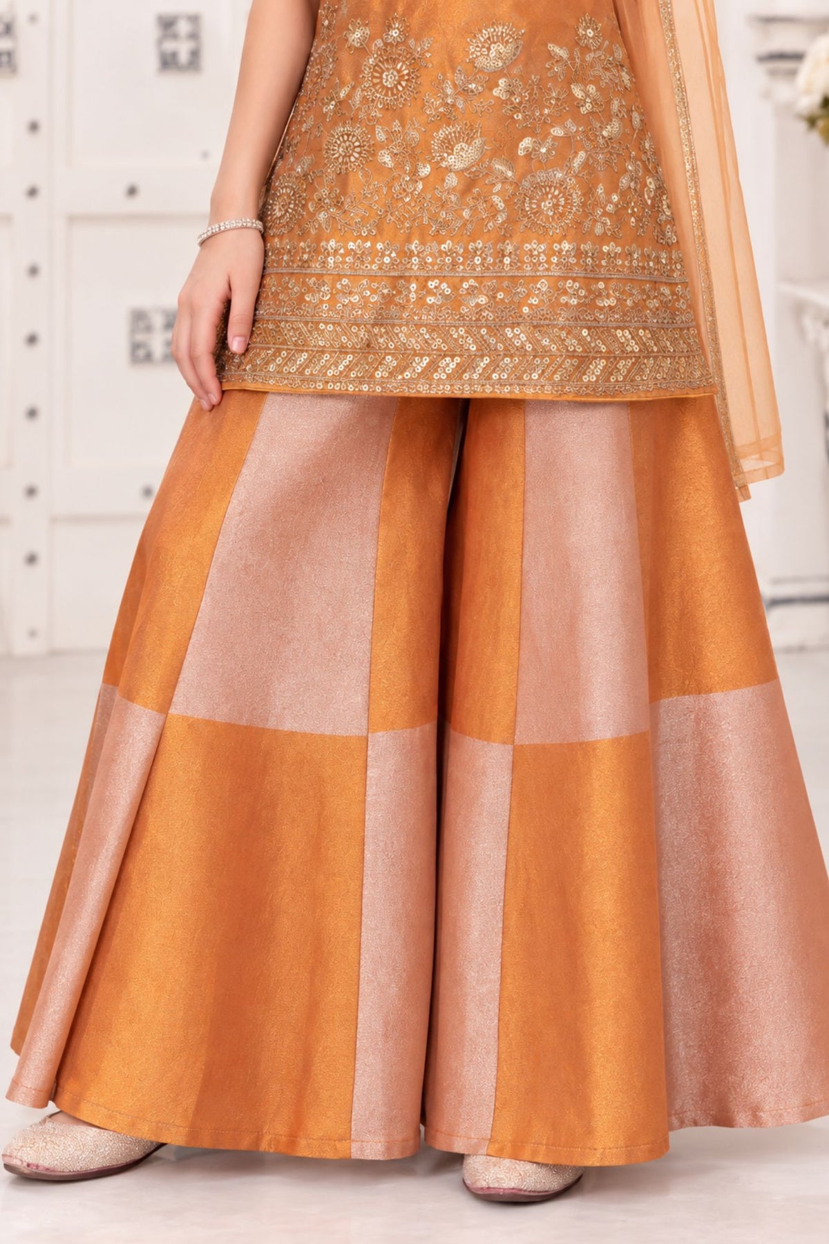 Girls Copper & Rose Gold With Gold Embellished Palazzo Set