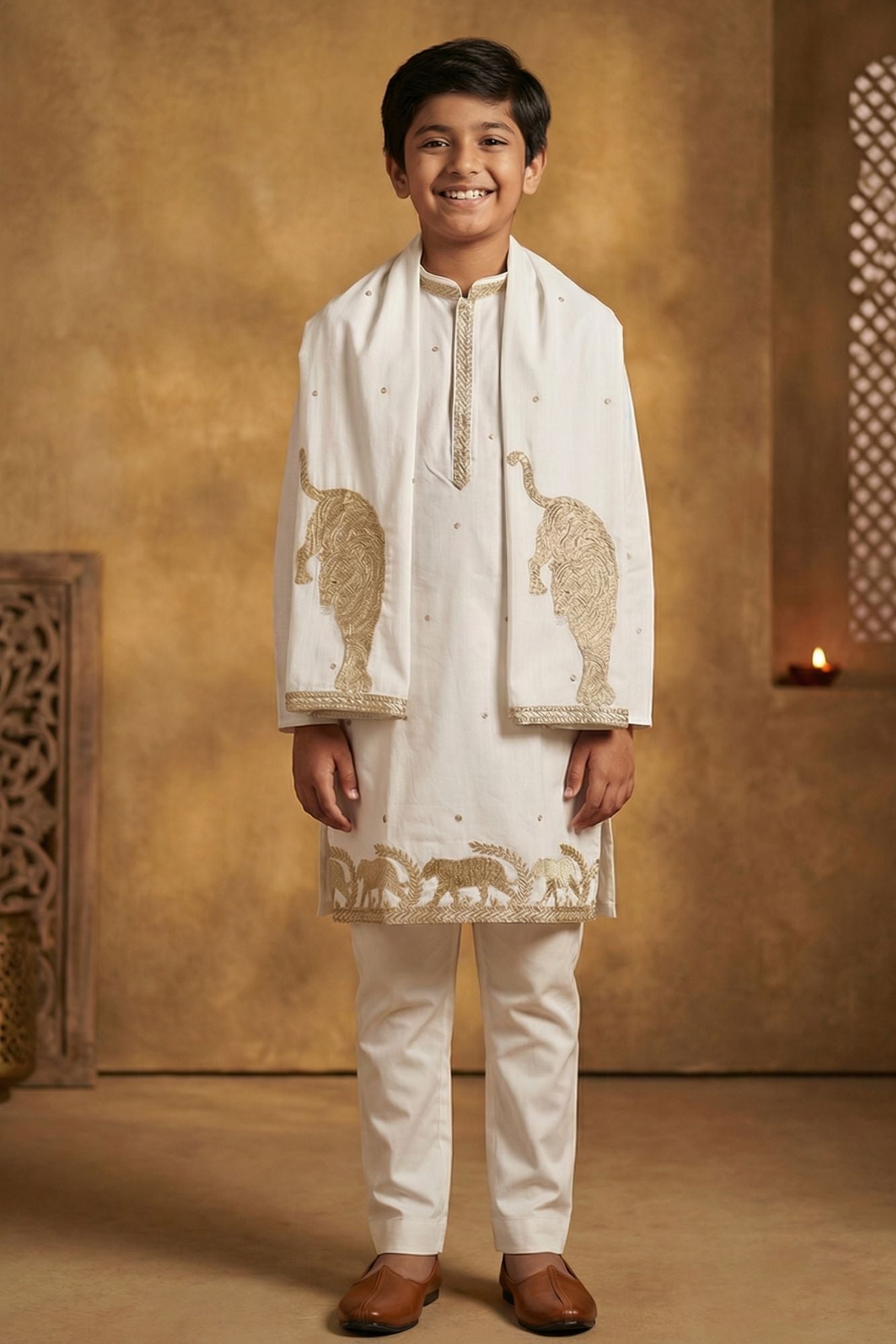 Boys White Kurta Pajama Set With Golden Zari Embroidery And Shawl