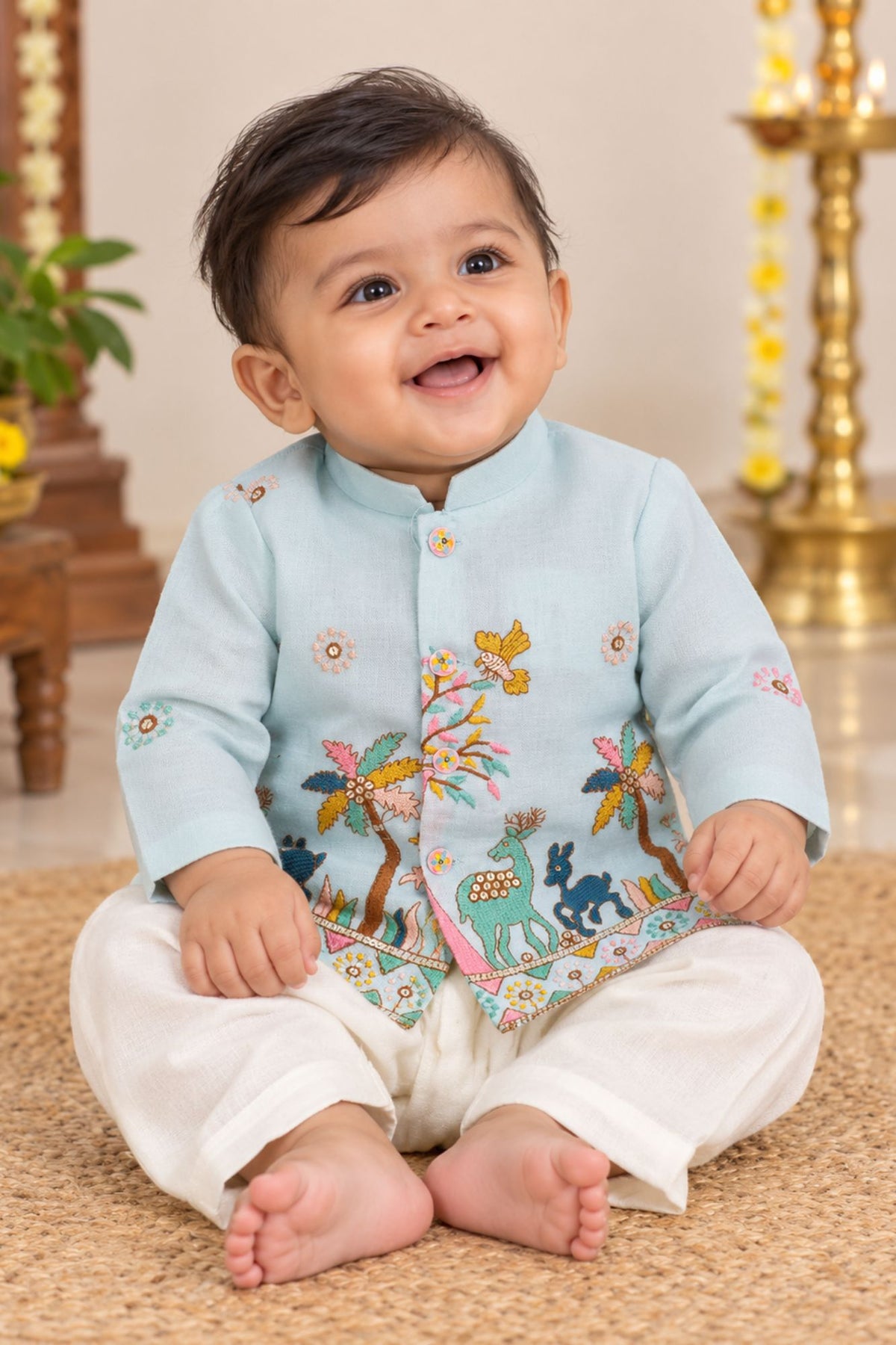 Boys Light Blue Embroidered Kurta Pant Set