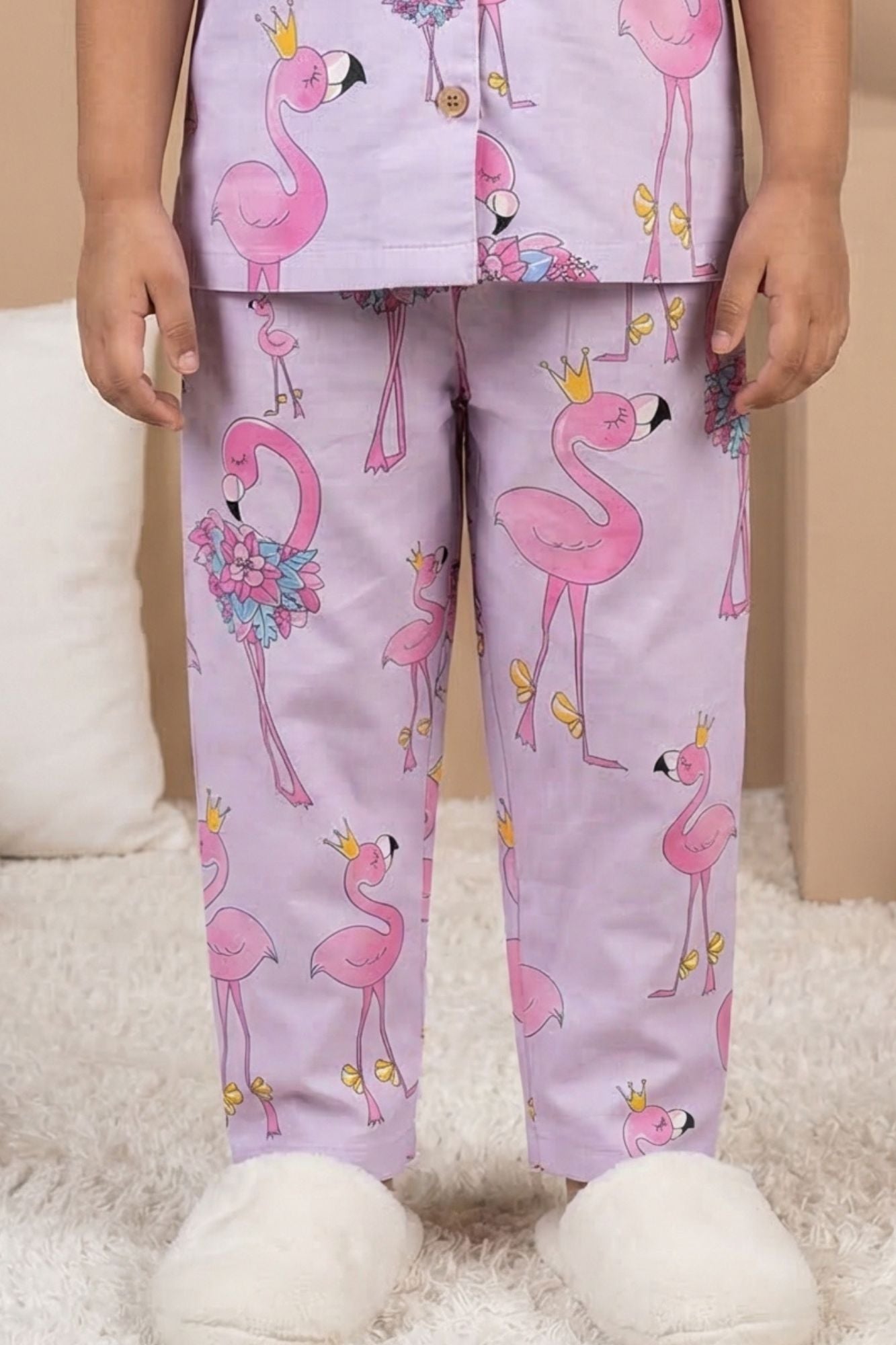 Lilac Flamingo Print Cotton Night Suit Set For Girls